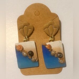 Chic Blue and Tan Earrings with Rectangular Pendants